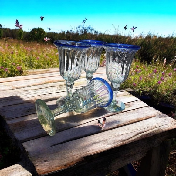Other - Elegant Blue-Rimmed Glass Goblets